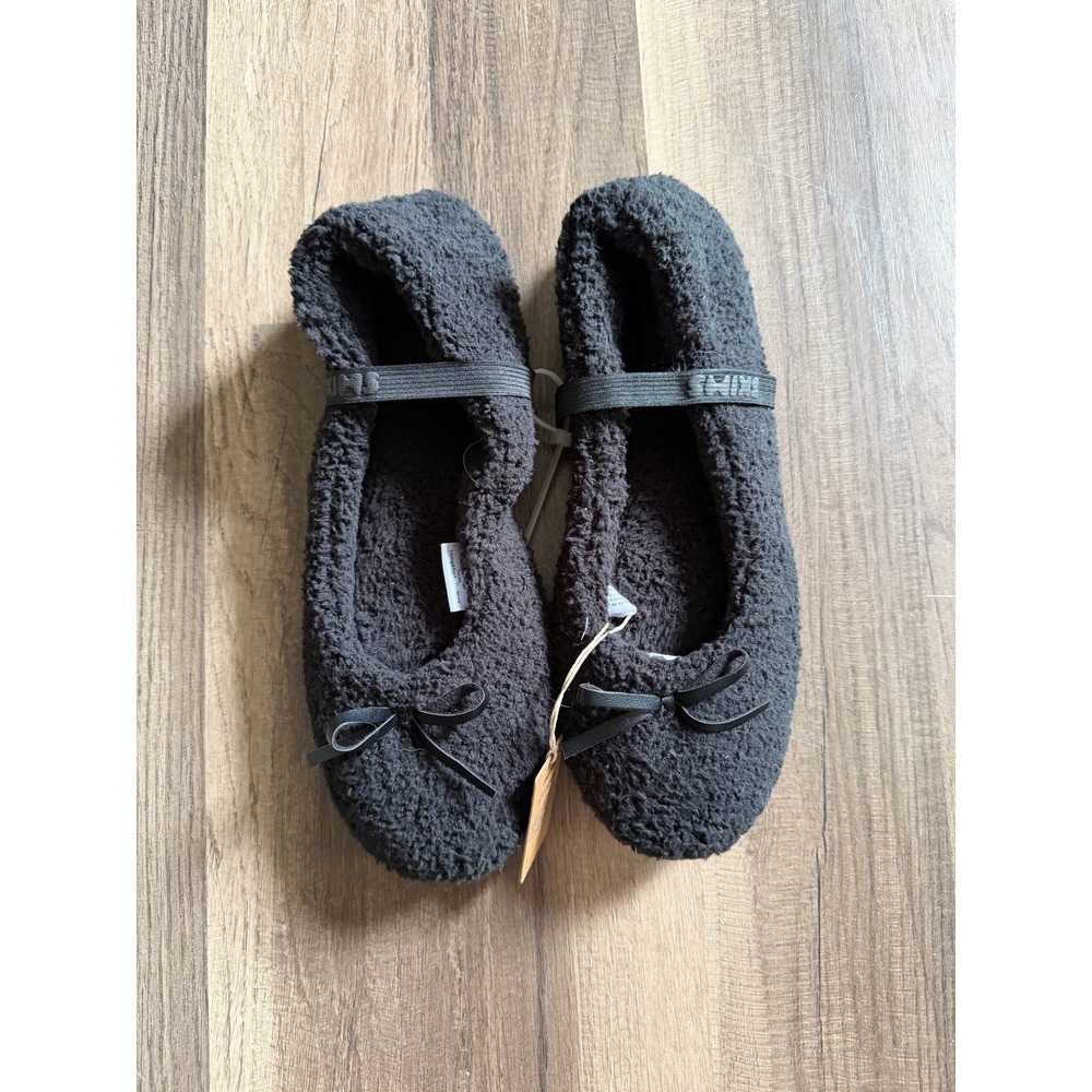 NWT SKIMS Teddy Ballet Slipper Women Size 39 Onyx Black Fleece Logo Strap Bow - Picture 1 of 4